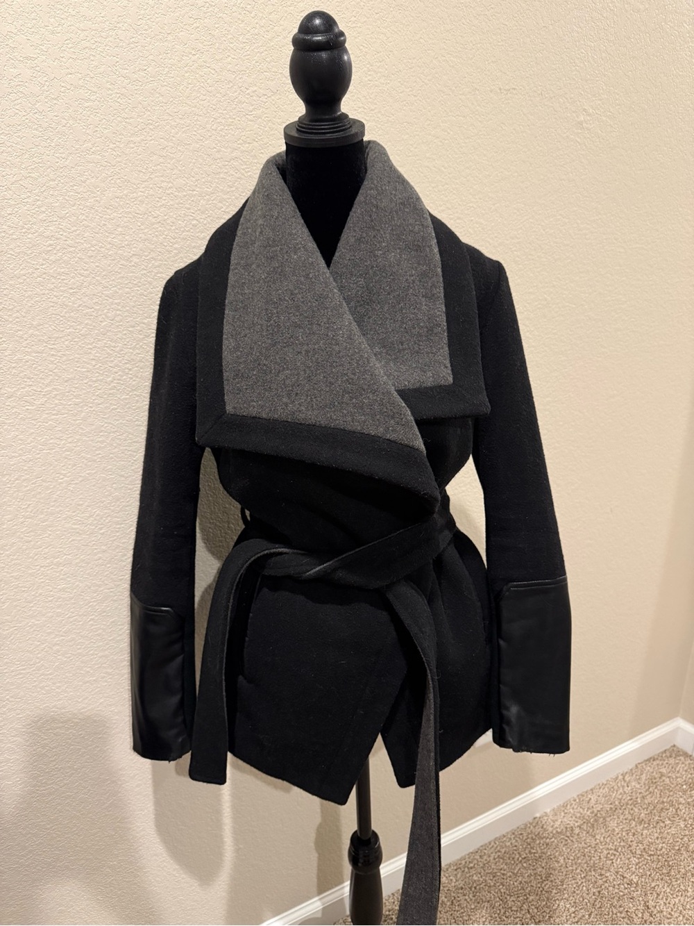 BCBGeneration Black Coat with Gray Wide Shawl Collar